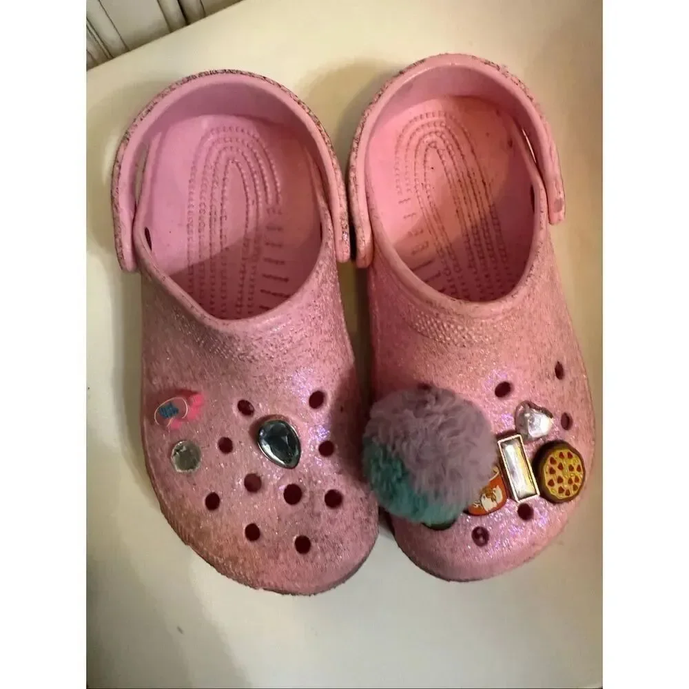 Crocs Girls Glittered Jibbitz Classic Clog Sandals Pink Size 4